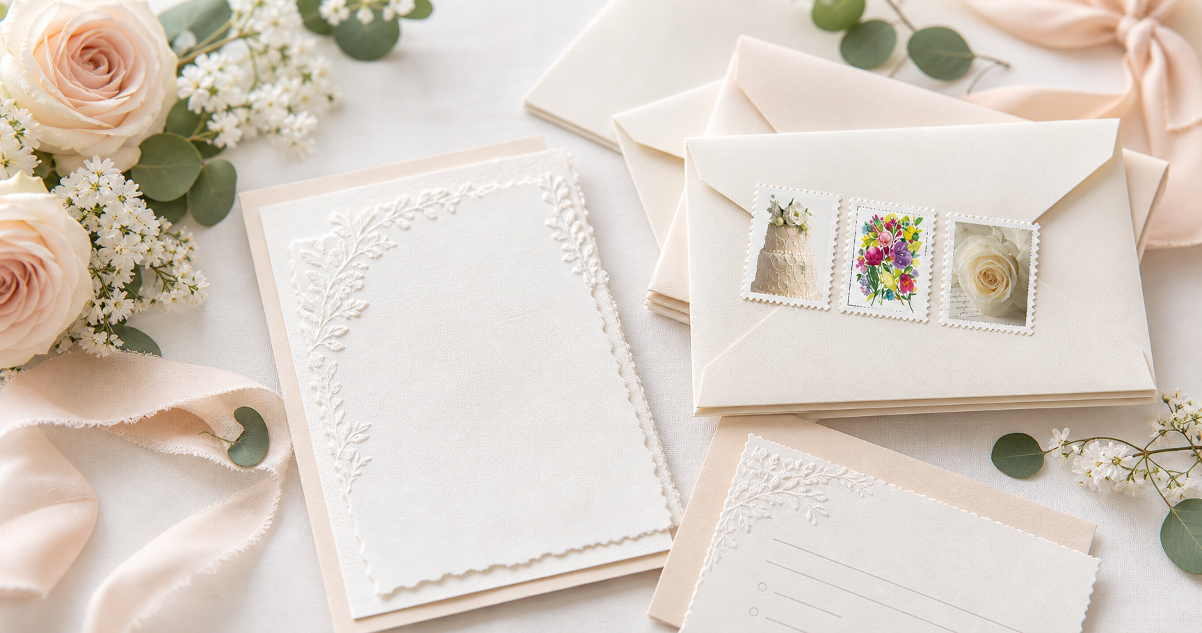 Wedding invitation stamps with RSVP envelope and elegant stationery