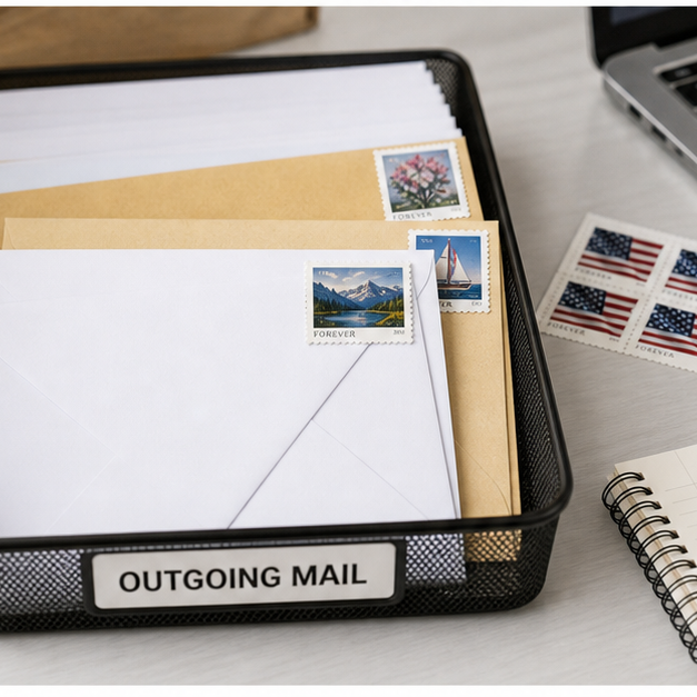 Genuine USPS Forever Stamps with envelopes and office mailing supplies