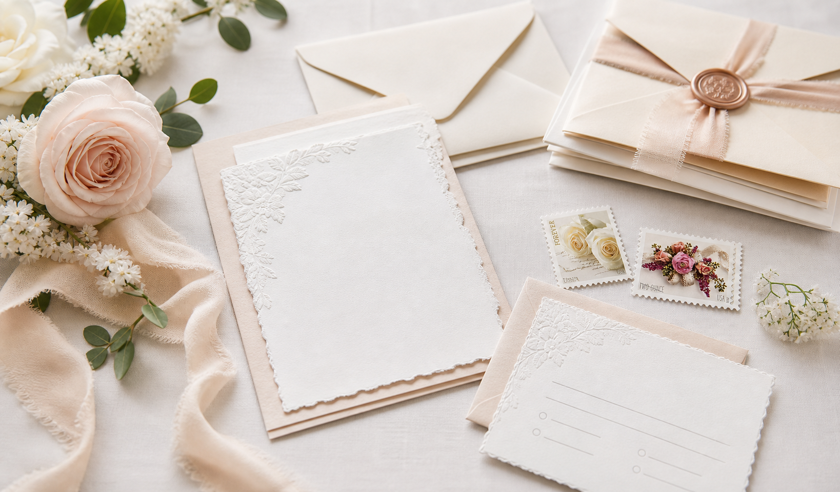 Wedding stamps with invitations RSVP cards and elegant envelopes