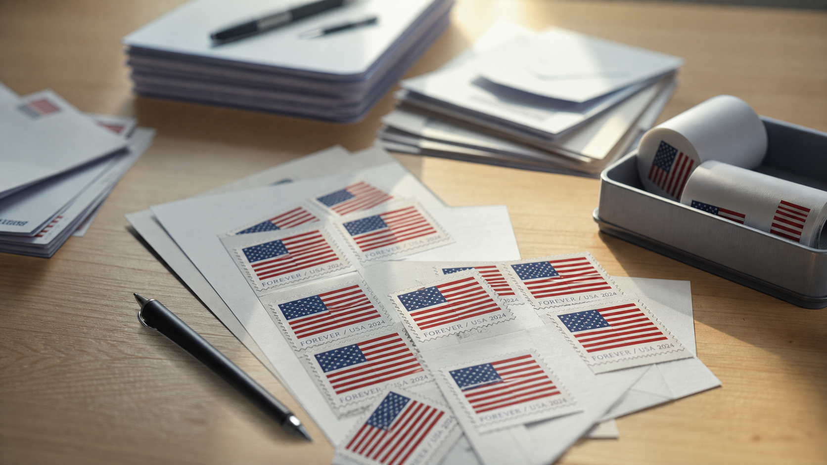 Business mailing stamps with office envelopes, invoices, and customer thank-you cards